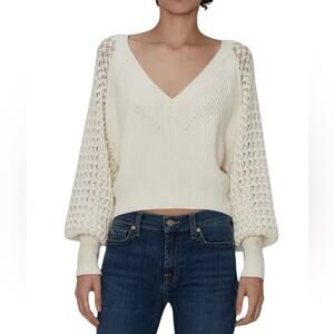 7 For All Mankind Sz M Knit Blouson Sleeve Sweater Cream Boho  Cotton Blend Soft